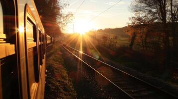 The suns rays peeked through the trees and hills creating a whimsical atmosphere for the trains passengers photo