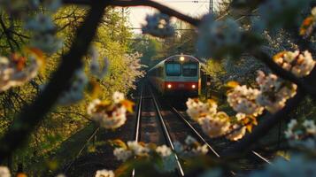 A fleeting glimpse of the passing train through the branches of blooming trees photo