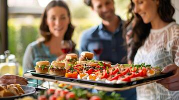 A family passing around a tray of colorful and flavorful appetizers to try photo