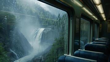 The mist from crashing waterfalls splashes onto the trains windows as it passes by photo