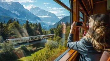 The train passes by a gorgeous mountain range and passengers rush to capture the stunning landscape photo
