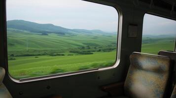 The view from the train window was filled with endless rows of rolling hills like a green carpet spread out for miles photo