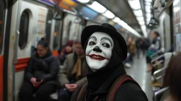 Passengers are captivated by a mime artist his silent performance leaving them in fits of laughter and admiration photo