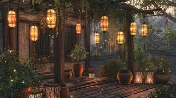 A platform with potted plants and hanging lanterns giving a cozy atmosphere to the rural area photo
