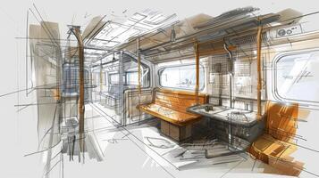 A detailed sketch of the trains cabin complete with annotations and notes on the amenities provided photo