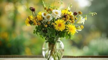 A spontaneous yet striking bouquet of yellow dandelions red clover and white anemones displayed in a simple clear vase photo