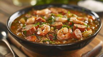 A bowl of fragrant seafood gumbo filled with chunks of catfish and y sausage is a crowd favorite photo