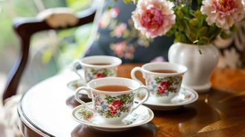 Guests can choose from an array of freshly brewed teas and aromatic coffee served in charming floralpatterned mugs photo