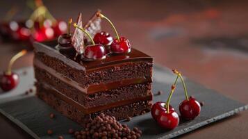 A rich and decadent black forest gateau filled with cherries picked from a local cherry orchard and infused with a hint of almond liqueur photo