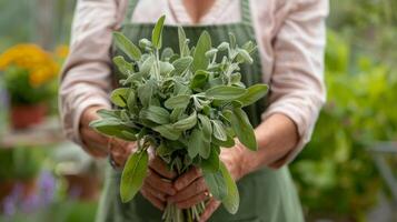 An instructor holding up a bouquet of aromatic sage leaves explaining their flavor profile and culinary uses photo