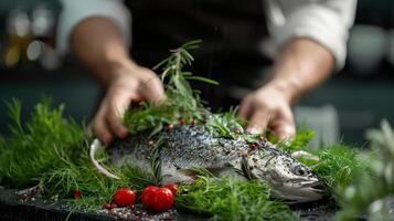 A chef demonstrating how to fillet and cook a whole fish on a bed of greenery and herbs photo