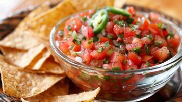 Homemade salsa bursting with fresh tomatoes cilantro and jalapeno is paired perfectly with crispy tortilla chips for a flavorful snack photo