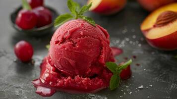 A scoop of refreshing sorbet with a base of wild plums and added chunks of ripe peaches and nectarines for a sweet touch photo