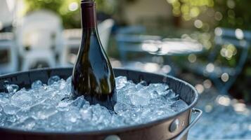 A bottle of locally made wine chilling in a bucket of ice waiting to be enjoyed photo