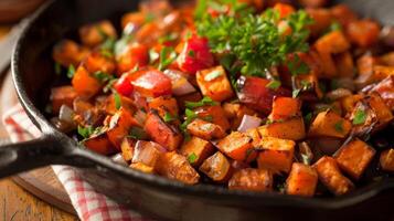 A panfried sweet potato hash cooked in avocado oil instead of bacon grease for a healthier breakfast option photo