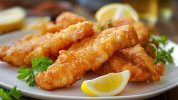 A plate of crispy and golden fried fish fried with avocado oil that maintains its quality even at high temperatures photo