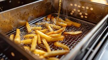 In a deep fryer avocado oil is heated to a high temperature creating crispy and golden french fries photo