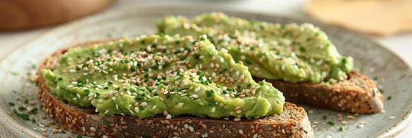 A slice of whole grain toast spread with mashed avocado and sprinkled with hemp seeds a nutritious and delicious breakfast option photo
