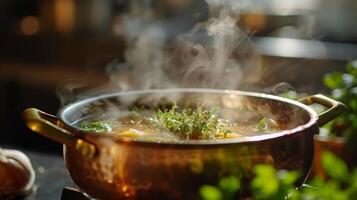 A delicate soup simmering in a copper pot the steam rising gently and diffusing the warm comforting scent of herbs and es photo