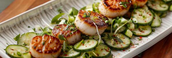 A platter of tender delicately cooked scallops served with a light and refreshing cucumber salad tossed in a citrusy avocado oil dressing photo