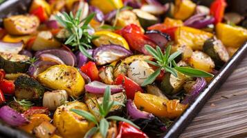 A medley of roasted vegetables tossed in avocado oil for a wholesome and nourishing fat boost perfect as a side dish or snack photo