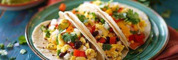 A colorful plate of superfood breakfast tacos made with scrambled eggs bell peppers black beans and a drizzle of avocado oil for a healthy start to the day photo