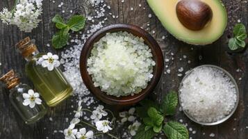 A homemade foot scrub made with avocado oil Epsom salt and peppermint essential oil ready to be used for a relaxing pedicure photo