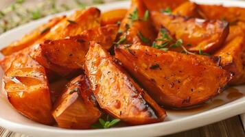 Sweet and sticky roasted yams glazed with a drizzle of maple syrup made from trees found in the mountains photo