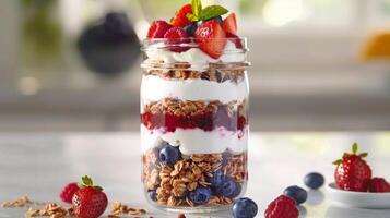 A mason jar layered with fresh berries honeysweetened yogurt and crunchy granola for a refreshing parfait photo
