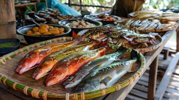 The table is adorned with a variety of shiny colorful fish fresh from the nearby river photo