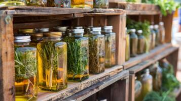 A stack of rustic wooden crates filled with jars of various homemade wild herb infused oils ready for sale at a local market photo