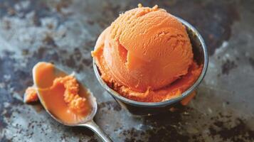 A scoop of sorbet with a bright orange hue made with foraged persimmons that give it a unique and y sweetness photo