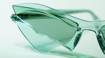 These smart sunglasses have a unique shape with the lenses extending beyond the edges of the frames. The lenses themselves are a vibrant green while the frames are a shiny silver wit photo