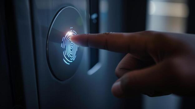 The precision of the fingerprint scanner on a smart locker is portrayed in a closeup showcasing the advanced security measures of the system photo