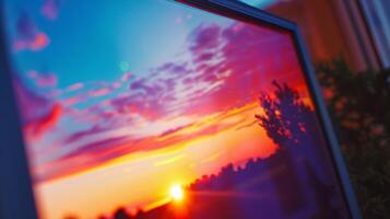An angled closeup of a digital picture frame capturing the reflection of a vibrant sunset photo on its high resolution screen