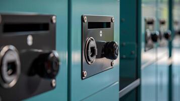 The simple yet effective design of the smart lockers locking mechanism is captured in a closeup with a latch and lock securing the items inside photo