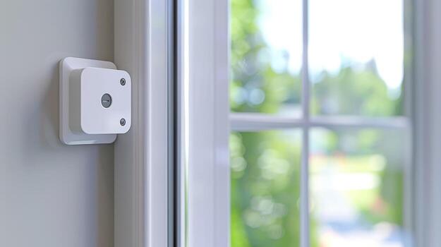 A detailed closeup of a smart window sensors mount securely attached to the corner of a window with adjustable screws for perfect placement photo