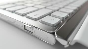 A silver and white keyboard with a foldable design allowing for a more compact form when not in use. The keys have a satisfying tactile feel and the Bluetooth connection is strong an photo