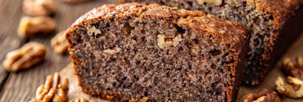 Closeup of a slice of moist banana bread made with buckwheat flour and studded with walnuts photo