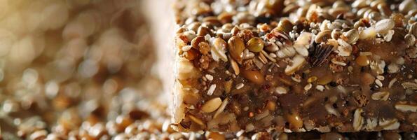 A tight shot of a buckwheat energy bar wrapper showcasing the amount of protein and fiber in the product photo