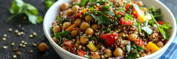 A colorful and nutritious buckwheat and chickpea salad with a quinoa and citrus vinaigrette dressing for a light and refreshing lunch photo