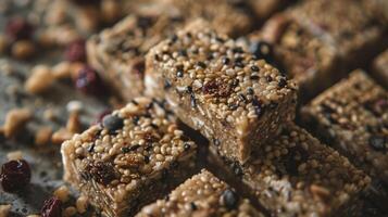 A closeup of a sliced buckwheat breakfast bar showcasing the variety of textures and ingredients within photo