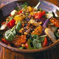 A colorful salad of mixed greens roasted vegetables and toasted buckwheat groats emphasizing how adding the grain can increase the nutritional value and satiety of a meal photo