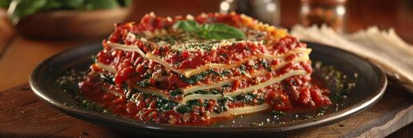 A hearty buckwheat lasagna layered with rich tomato sauce spinach and ground beef photo