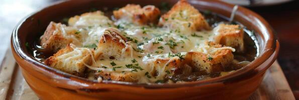 A twist on traditional French onion soup with buckwheat croutons and melted Gruyere cheese photo