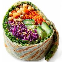 A colorful wrap filled with hummus falafel and a variety of vegetables including shredded carrots cucumbers and a sprinkle of roasted buckwheat groats photo