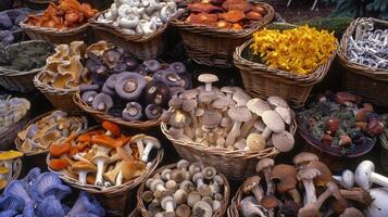 A variety of different mushrooms ranging in shape size and color are carefully p in the baskets photo