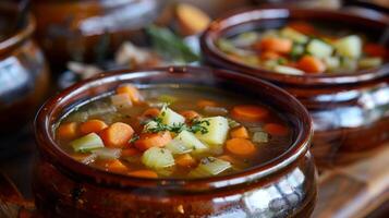 A hearty homemade vegetable soup is served in steaming bowls filled with vibrant carrots potatoes and celery handpicked from the lodges own garden photo