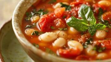 A soup bursting with flavors of the garden filled with tomatoes beans and an assortment of fragrant herbs photo