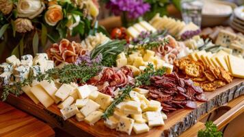A wooden serving board laid out with an assortment of artisanal cheeses each paired with a different wild herb accompaniment creating a flavorful and aromatic cheese platter photo